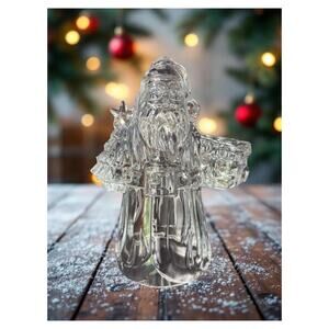 Vintage Clear Heavy Glass Santa Taper Candle Holder Christmas Holiday Decoration